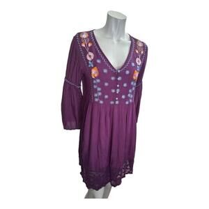 Ananda’s Collection Purple Embroidered Lace Trimmed Long Sleeve Boho Dress Med